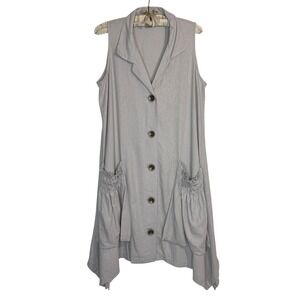 For Cynthia Dress L Gray Button Up Linen Lagenlook Pockets Sleeveless Minimalist